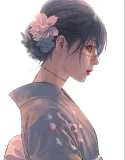 🔅 femme, fleurs, portrait, kimono, art, art numérique telegram sticker