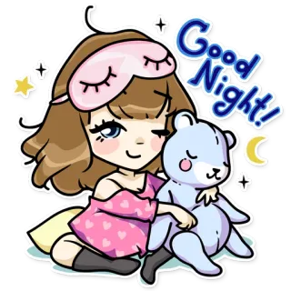 😪 Good Night! спокойной ночи, спящий, плюшевый мишка, девочка, милый, маска для сна, звезды, луна telegram sticker