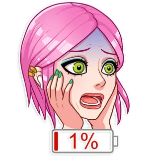 😨 1% low battery, pink hair, exhausted, anxious, worried, cartoon telegram sticker