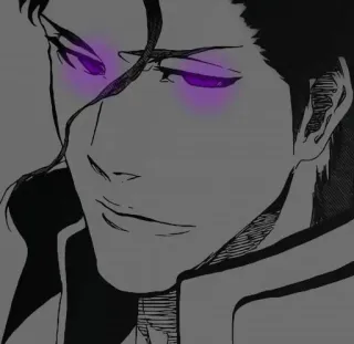 👇 Aizen Sousuke Bleach 애니메이션, 만화, 악당, 아이젠, 소유스케, 보라색 눈, 비웃음 telegram sticker