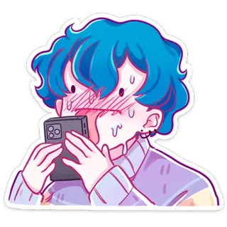⭐ anime, cartoon, nervous, anxious, phone, blue hair whatsapp sticker