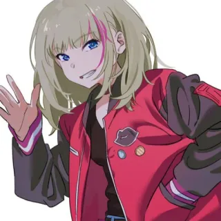 👋 garota anime, cabelo loiro, jaqueta vermelha, desenho animado, ilustração whatsapp sticker
