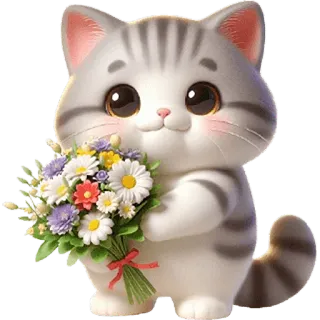 💐 gato, gatito, flores, lindo, animal, ramo, celebración, saludo telegram sticker