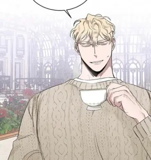 🙏 애니메이션, 금발, 남자, 스웨터, 차, 컵 telegram sticker