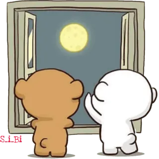 🌖 SUN 熊, 月亮, 卡通, 可爱, 窗户, 夜晚 telegram sticker