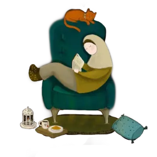 📚 woman, hijab, reading, cat, chair, cozy, islam telegram sticker