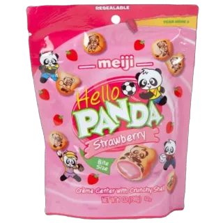🫥 RESEALABLE
-meiji.
Fello
PANDA
Strawberry
Bite
Size
Crème Center with crunchy Shel
NET WT02(1990) snacks, food, sweets, packaging, strawberry, cookies, panda telegram sticker