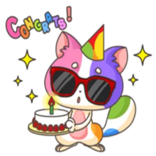 🎉 CONGRATS! 恭喜, 猫, 庆祝, 派对, 生日, 蛋糕, 太阳镜 whatsapp sticker