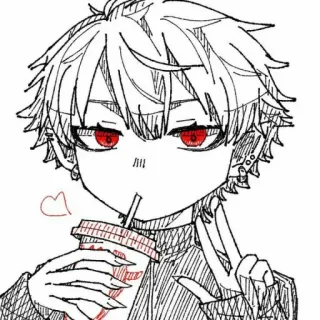 🤍 anime boy, anime, red eyes, drinking, straw, heart whatsapp sticker