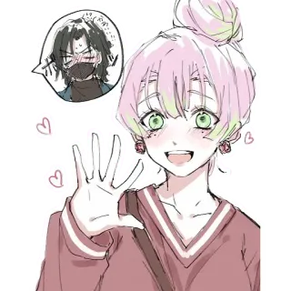 👋 Mitsuri Kanroji Demon Slayer Anime, Ragazza, Cuori, Rosa, Sorriso, Fanart telegram sticker