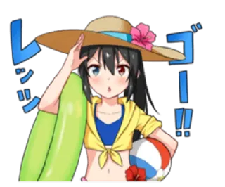 😯 レッツゴー！！ Anime, Ragazza, Estate, Spiaggia, Costume da bagno, Cartone animato, Kawaii, Giapponese whatsapp sticker