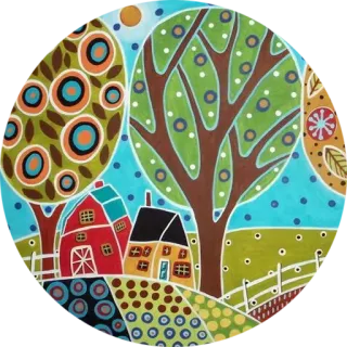 🌳 artwork, painting, landscape, trees, houses, countryside, whimsical, colorful whatsapp sticker