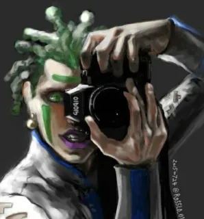 🌿 Fotograf, Kamera, Porträt, Kunst, grüne Haare telegram sticker