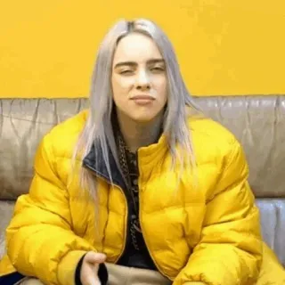 🌊 Billie Eilish billie eilish, piosenkarka, muzyk, celebrytka, portret, żółty, kurtka puchowa telegram sticker
