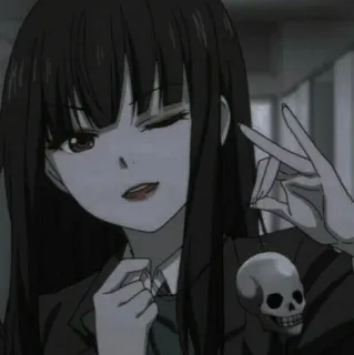 🖤 dziewczyna anime, czaszka, znak pokoju, mundurek szkolny, mrugająca, ciemne włosy, gotyk telegram sticker