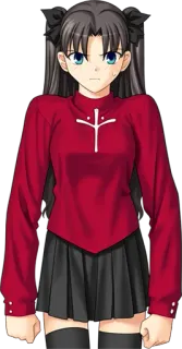 😠 Rin Tohsaka Fate/stay night anime, personaje, chica, camiseta roja, pelo largo, uniforme escolar whatsapp sticker