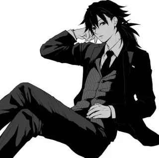 🌟 Anime, Manga, Blanco y negro, Ropa formal, Traje, Sentado telegram sticker