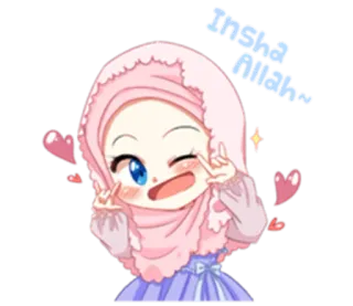 😉 Insha Allah Hidżab, Islamski, Słodkie, Kreskówka, Dziewczyna, Religijny, Anime telegram sticker