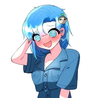 ♨️ anime girl, cartoon, illustration, blue hair, happy, sloth, cute whatsapp sticker