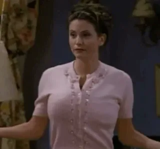 🤗 Monica Geller Friends kobieta, różowa koszula, serial TV, komedia, Courteney Cox, Monica Geller telegram sticker