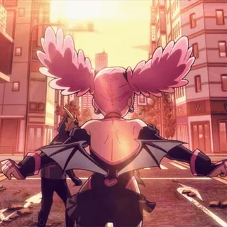 👋 Anime, Ragazza, Ali di pipistrello, Capelli rosa, Città, Fantasy telegram sticker