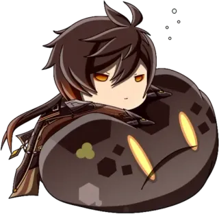🛏 Zhongli Genshin Impact anime, chibi, game, brown hair, orange eyes, floating telegram sticker