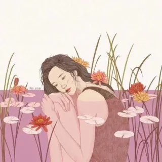 😔 женщина, цветы, водяные лилии, мирный, иллюстрация, искусство, природа telegram sticker