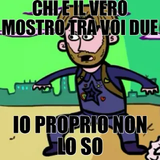 🤔 CHI È IL VERO MOSTRO TRA VOI DUE? IO PROPRIO NON LO SO cartone animato, domanda, mostro, italiano, adesivo, disegno telegram sticker