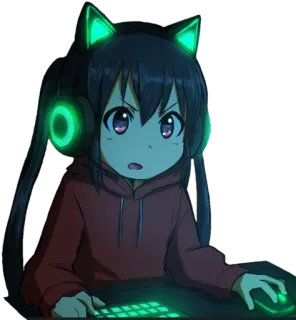 😍 fille anime, gamer, oreilles de chat, casque, ordinateur, dessin animé whatsapp sticker