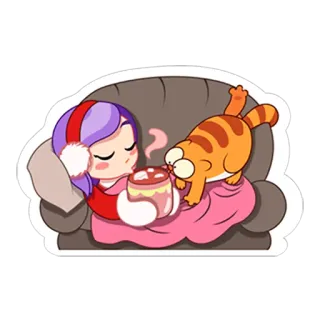 🤒 kartun, kucing, gadis, relaksasi, kopi, imut telegram sticker
