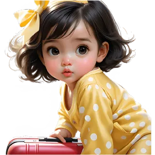 👋 criança, menina, fofo, desenho animado, amarelo, laço, viagem, mala telegram sticker