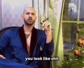 🤨 Andrew Tate you look like shit andrew tate, obraza, cygaro, niebieski szlafrok telegram sticker