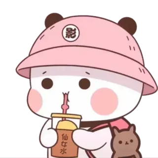 🧃 仙女水 mignon, dessin animé, boisson, panda, chapeau, bubble tea, kawaii whatsapp sticker