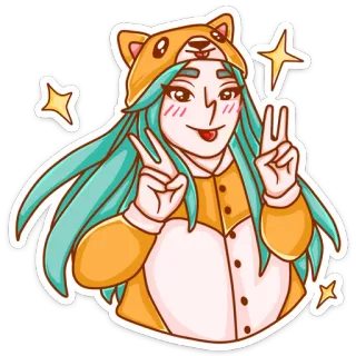 😛 fille, pyjama, signe de paix, dessin animé, mignon telegram sticker