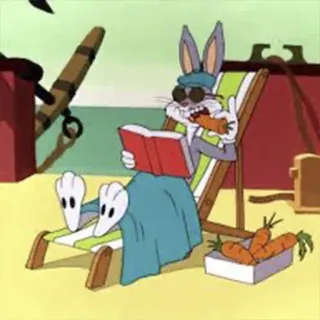 🥕 Bugs Bunny dessin animé, lapin, plage, lecture, lunettes de soleil, carottes telegram sticker