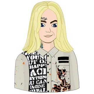 😏 YOUNG
BUT ON
HAPPY
AOI
ANYTHING
YOU CAN
IMAGINE
REAL ritratto, moda, illustrazione, cartone animato, capelli biondi, tatuaggio whatsapp sticker