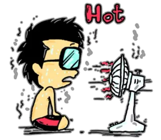 ☀ Hot quente, verão, suando, ventilador, desenho animado, calor, tempo, exausto whatsapp sticker