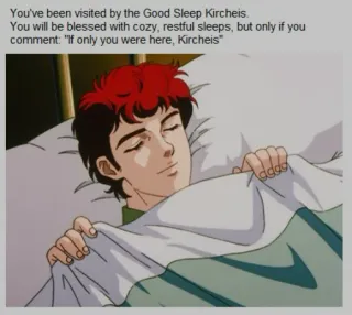 😴 You've been visited by the Good Sleep Kircheis.
You will be blessed with cozy, restful sleeps, but only if you
comment: "If only you were here, Kircheis" sleep, blessing, anime, character, meme, cozy, restful telegram sticker