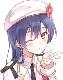 😘 Аниме девушка, Подмигивание, Милый, Знак мира, Берет, Цветок telegram sticker