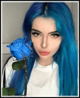 🌿 woman, girl, blue hair, rose, flower, beauty telegram sticker