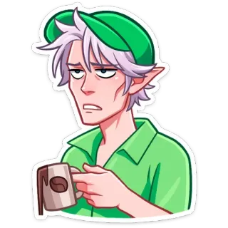 😎 эльф, сонный, кофе, мультфильм, наклейка, зеленый, уставший telegram sticker