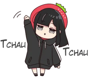 👋 Tchau Tchau chica anime, sombrero fresa, lindo, saludo, hola whatsapp sticker