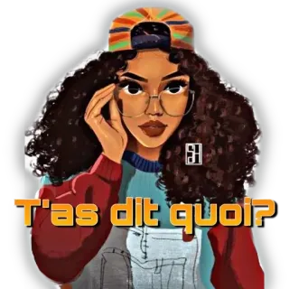 🦔 T'as dit quoi? illustrazione, donna, domanda, francese, cartone animato, capelli afro, ragazza telegram sticker