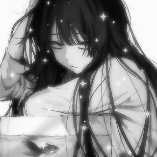 🖤 Anime, Menina, Peixe, Triste, Preto e branco, Brilhos telegram sticker