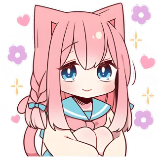 😊 Anime, Catgirl, Kawaii, Słodkie, Różowe włosy, Błyszczące, Kwiaty, Serca telegram sticker