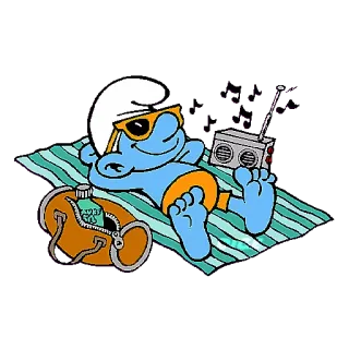 ☀ Smurf cartone animato, spiaggia, rilassante, occhiali da sole, radio telegram sticker