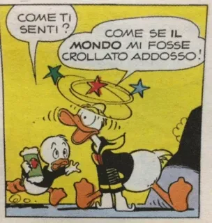 🌍 COME TI SENTI ?
COME SE IL MONDO MI FOSSE CROLLATO ADDOSSO ! Donald Duck, Dessin animé, Bande dessinée, Vertige, Malade, Italien telegram sticker