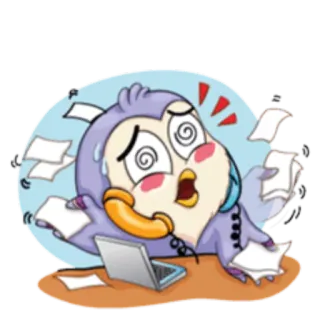 😵 estresado, agobiado, dibujos animados, ocupado, trabajo, oficina, pájaro whatsapp sticker