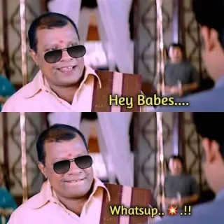 😎 Goundamani Tamil Cinema Hey Babes.... Whatsup..!! goundamani, funny, meme, tamil actor, reaction, sunglasses telegram sticker