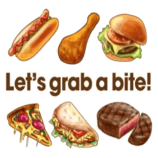 🌭 Let's grab a bite! cibo, mangiare, hotdog, pollo, hamburger, pizza, taco, bistecca, pasto, spuntino whatsapp sticker